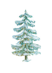 Christmas fir tree with decorative glowing light bulbs. Watercolor illustration isolated on white background, hand drawn winter spruce for New Year holiday decor or Christmas card.