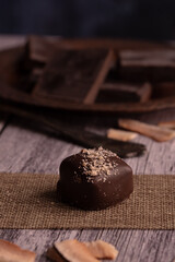 Chocolate handmade praline on dark moody rustic background with dark chocolate chunks and coconut in a shallow background