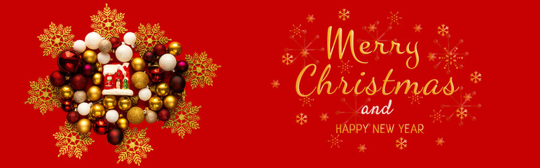 Merry Christmas and Happy Holidays greeting card, frame, banner. New Year. Christmas toys and red, golden decor on red background top view. Winter xmas holiday theme. Flat lay. High quality photo