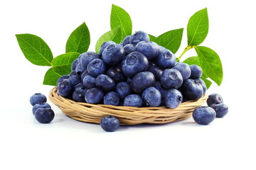 fresh blueberry fruit with leaves closeup in white background