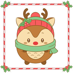 Merry Christmas cute reindeer drawing with Christmas berry hat and green scarf for winter season