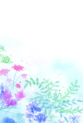 Fototapeta na wymiar 透明水彩で描いた幻想的な花の背景　青紫　はがきサイズ縦