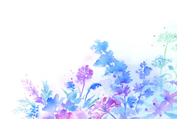 Obraz na płótnie Canvas 透明水彩で描いた幻想的な花の背景　青紫　はがきサイズ
