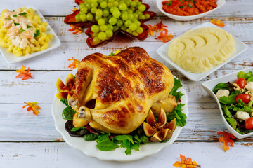 Festive Thanksgiving Day food on wooden table.