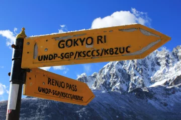 Papier Peint photo autocollant Cho Oyu Signpost with Gokyo Ri and Renjo La Pass caption in Gokyo Village, Nepal Himalayas