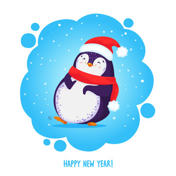 Cute dancing penguin in a santa hat and red scarf. Christmas greeting card. Hand drawn vector illustration with text Happy new year. All elements are isolated.