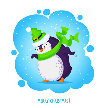 Funny dancing penguin in an elven hat and green scarf. Merry Christmas greetings. Vector illustration in cartoon style.