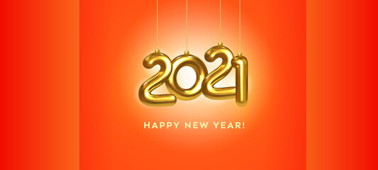 Golden numbers of 2021. Happy New Year 2021 and Merry Christmas greeting card design. Gold metal symbol of 2021 on red background