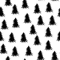Scandinavian hand-drawn seamless pattern. Watercolor doodles for New Year, Christmas, winter, holidays.  Black and white illustration of Christmas trees for design and printing on paper, fabric.