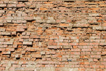 The texture of an old brick wall, cracked by time and weather.