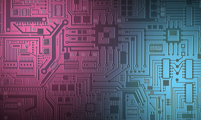 Pink and blue digital hardware technology. Computer background. Printed circuit Board. The motherboard of the computer. Radio-electronic equipment. PCB concept.