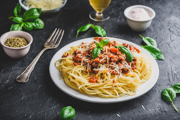 Spaghetti with bolognese sauce and parmesan cheese