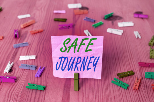 Text sign showing Safe Journey. Business photo text Blessing Bid farewell Drive carefully Use seatbelt Strap Colored crumpled rectangle shaped reminder paper light blue background