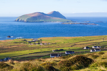 The Great Blasket Island viewed from the slopes of Cruach Mh&aacute;rthain on the Dingle Peninsula along the Wild Atlantic Way in Ireland