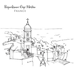 Drawing sketch illustration of Roquebrune Cap Martin