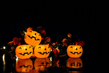 Halloween pumpkin party,4 happy pumpkins and friends
