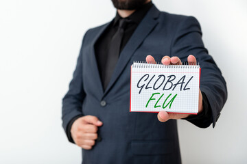 Word writing text Global Flu. Business photo showcasing Common communicable illness spreading over...