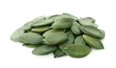 Pile of peeled pumpkin seeds isolated on white