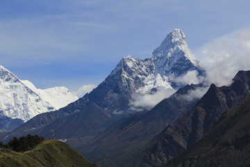 Cloudy Ama Dablam Mountain as seen from Everest View Point, Namche Bazaar, Sagarmatha Khumbu Region, Nepal Himalaya