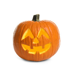 Cute pumpkin jack o'lantern isolated on white. Halloween decor