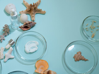 Eco-friendly cosmetics, a set of ingredients and bottles