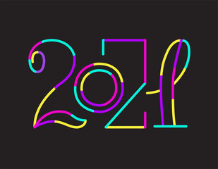 2021 new year symbol lettering poster. New year greeting card. Multicolor handwriting figures. Design for print, banner, web isolated on black background.