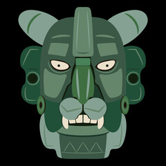 Jade mask of Zapotec Indians from Monte Alban. Pre Columbian Native American art. Head of fantastic character. Jaguar man. - obrazy, fototapety, plakaty