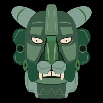 Jade mask of Zapotec Indians from Monte Alban. Pre Columbian Native American art. Head of fantastic character. Jaguar man.