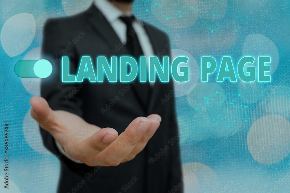 Fototapete Conceptual hand writing showing Landing Page. Concept meaning Website accessed by clicking a link on another web page Graphics padlock for web data security application system