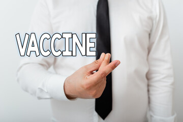 Text sign showing Vaccine. Business photo showcasing preparation of killed microorganisms or living...