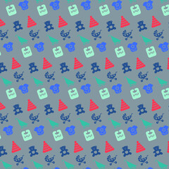 Seamless pattern of baby equipment on dark gray background for wrapping paper, wallpaper, business cards, website etc.