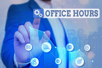 Word writing text Office Hours. Business photo showcasing The hours which business is normally...