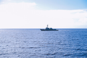 Warship sailing at sea