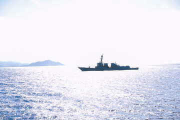 Warship sailing at sea