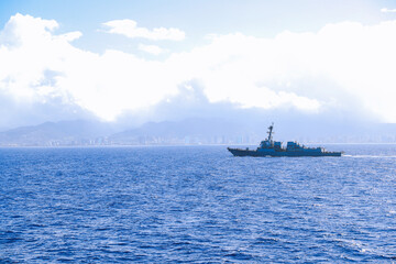 Warship sailing at sea