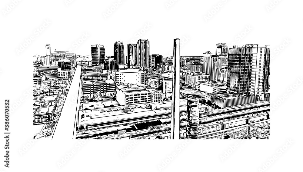 Wall mural Building view with landmark of Birmingham is a city in the north central region of the U.S. state of Alabama. Hand drawn sketch illustration in vector. - Wall murals
