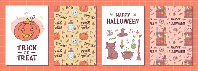 Set of kawaii greeting card for Halloween with pumpkin, witch things and hand lettering. Cute cartoon doodle hand drawn. Kawaii style. Vector illustration. 