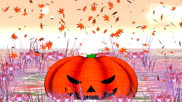 舞い落ちるもみじとハロウィンのかぼちゃ