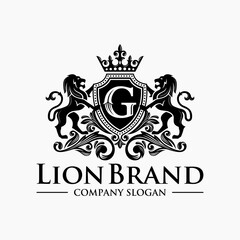 Lion heraldry emblem modern line style with a shield and crown - vector illustration
