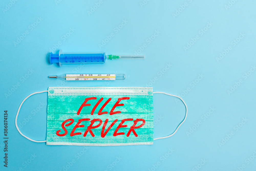 Aufkleber Handwriting text File Server. Conceptual photo device which controls access to separately stored data Primary medical precautionary equipments for health care protection
