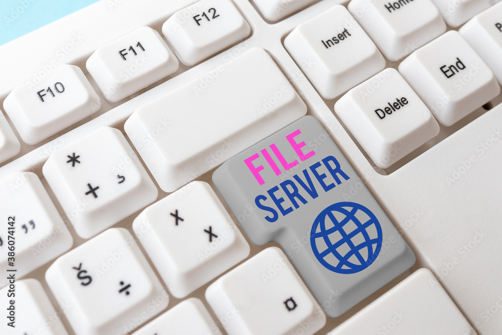 Aufkleber Writing note showing File Server. Business concept for device which controls access to separately stored data Different Colored PC keyboard key With Accessories on Empty background