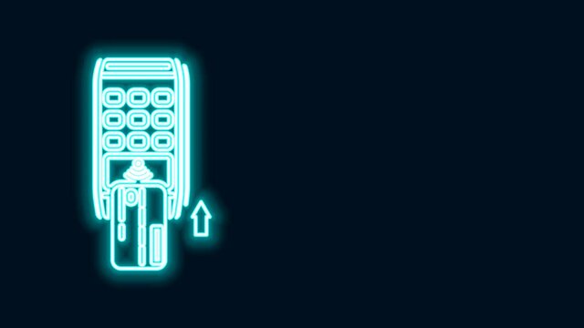 Glowing neon line Pos terminal with inserted credit card icon isolated on black background. Payment terminal transaction. Pay by card. 4K Video motion graphic animation