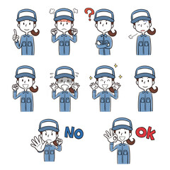 作業着を着た女性のポーズ表情イラストセット