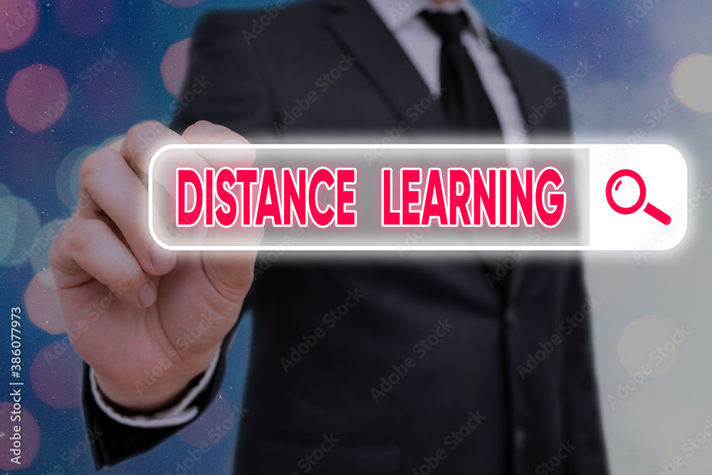 Poster writing note showing distance learning. business concept for educational lectures broadcasted over t