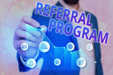 Word writing text Referral Program. Business photo showcasing employees are rewarded for introducing suitable recruits Arrow symbol going upward denoting points showing significant achievement