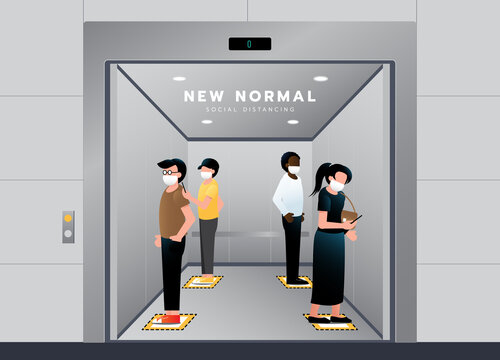 New normal lifestyle in Elevator. People keep social distancing and wearing Medical mask for prevent coronavirus standing on footprint sign for stand in lift. Vector illustration.