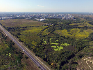 Aerial view of the saburb landscape (drone image). Near Kiev