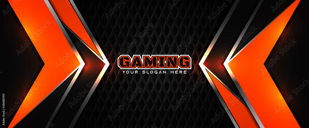 Poster futuristic orange and black abstract gaming banner design template with metal technology concept. ve