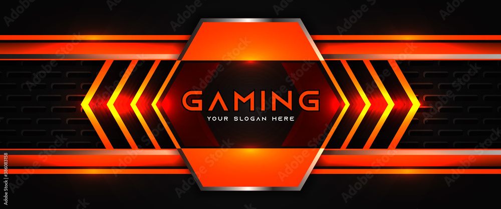 Poster futuristic orange and black abstract gaming banner design template with metal technology concept. ve - Posters
