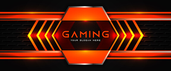 Futuristic orange and black abstract gaming banner design template with metal technology concept. Vector layout for business corporate promotion, game header social media, live streaming background